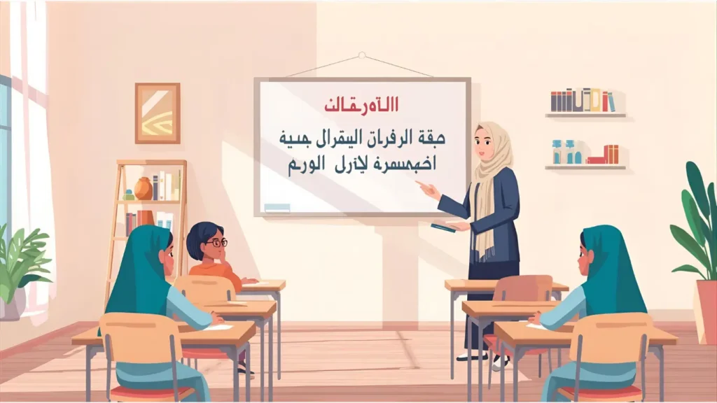 Female teacher teaching Islamic studies to students in a Dubai classroom with Arabic text and warm lighting.
