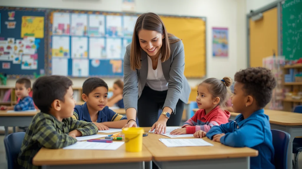 Teaching assistant helping students in a modern Dubai classroom.