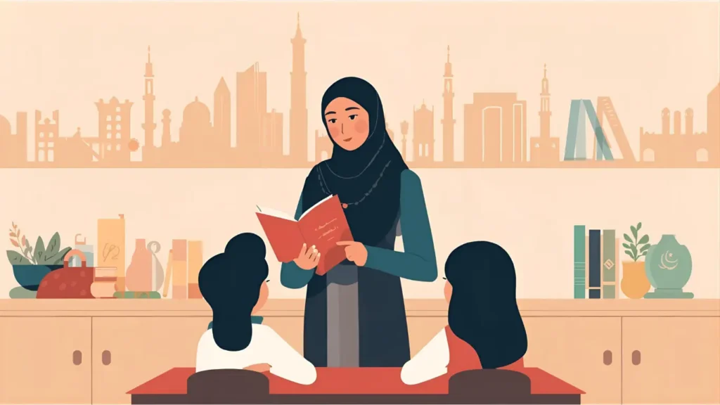 Female Islamic Education teacher guiding students in a Dubai classroom with Quran recitation and Arabic writing.