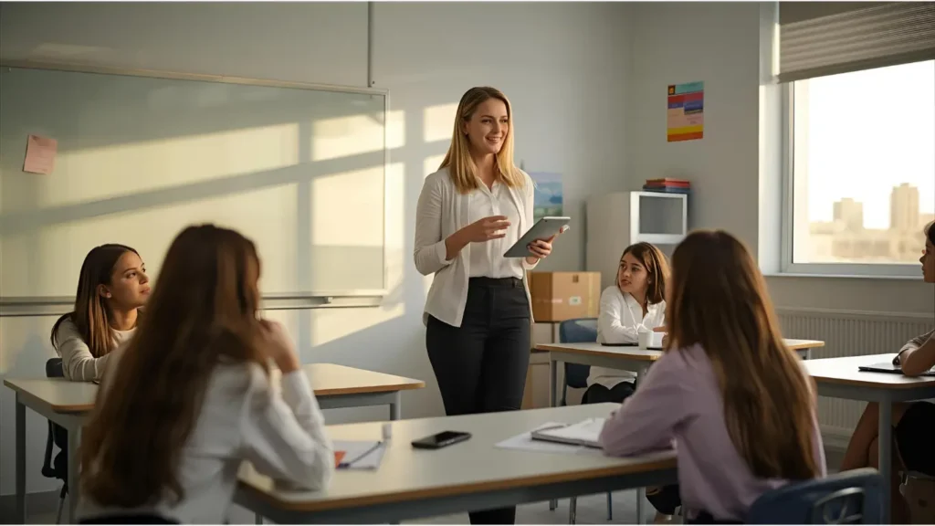 A high school teacher teaching in a modern international classroom in the UAE.